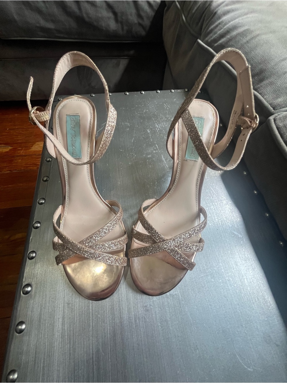 Betsey Johnson Rose Gold Glitter Strappy High Heels